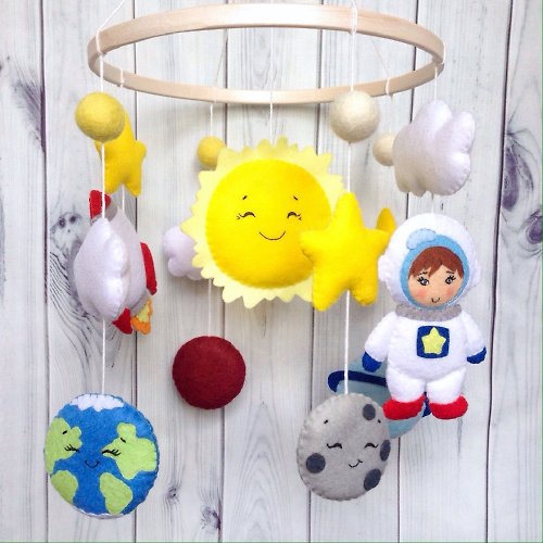 DesignerSvetaAris Space Baby Mobile, Sun and Planets, Boy Astronaut, Rocket, Solar System Nursery