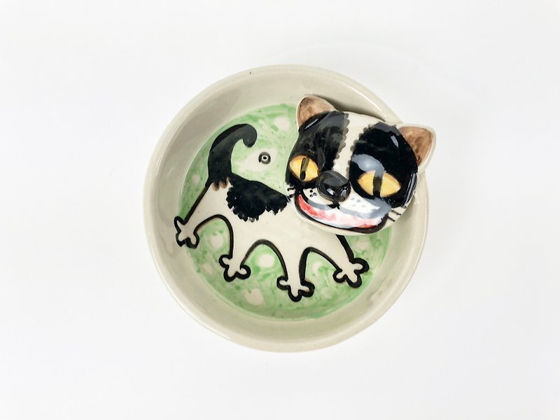Nice Little Clay handmade stereo disc walking flower cat 0308-16 - Small Plates & Saucers - Pottery Green