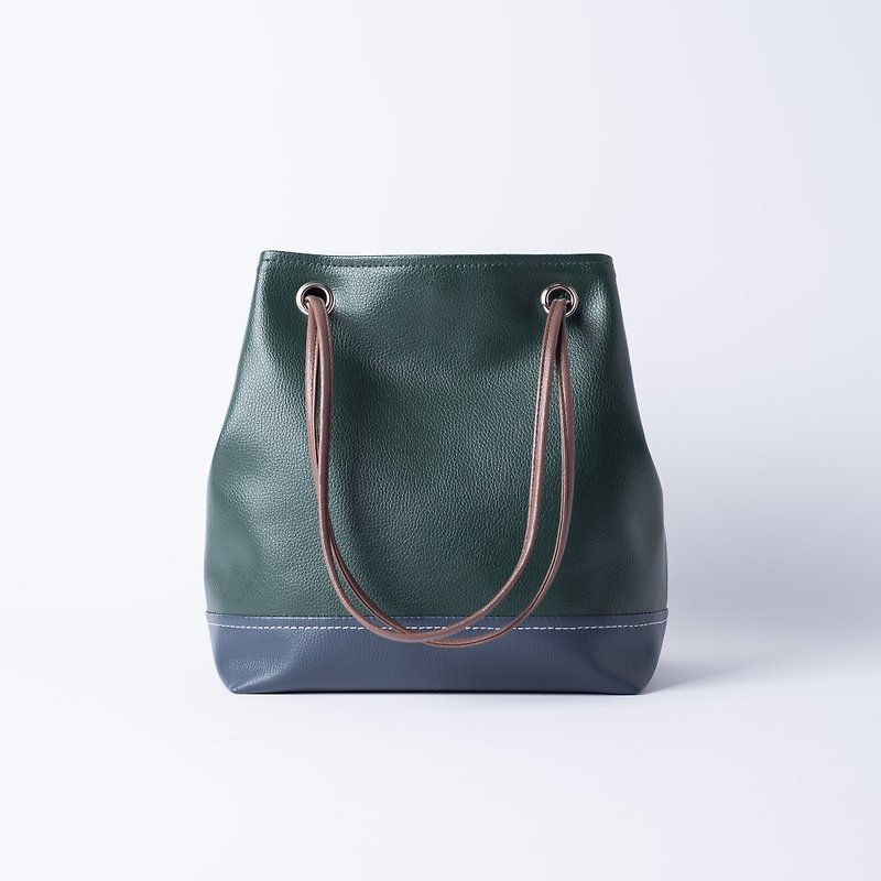 好質感拼色水桶包 手提側背兩用 綠x藍 - 側背包/斜背包 - 人造皮革 綠色