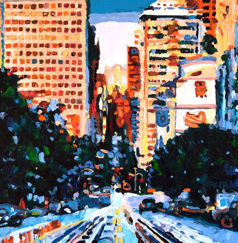 Cityscape Painting Original Art Oil on Canvas Impasto Wall Decor Art - 海報/掛畫/掛布 - 其他材質 金色