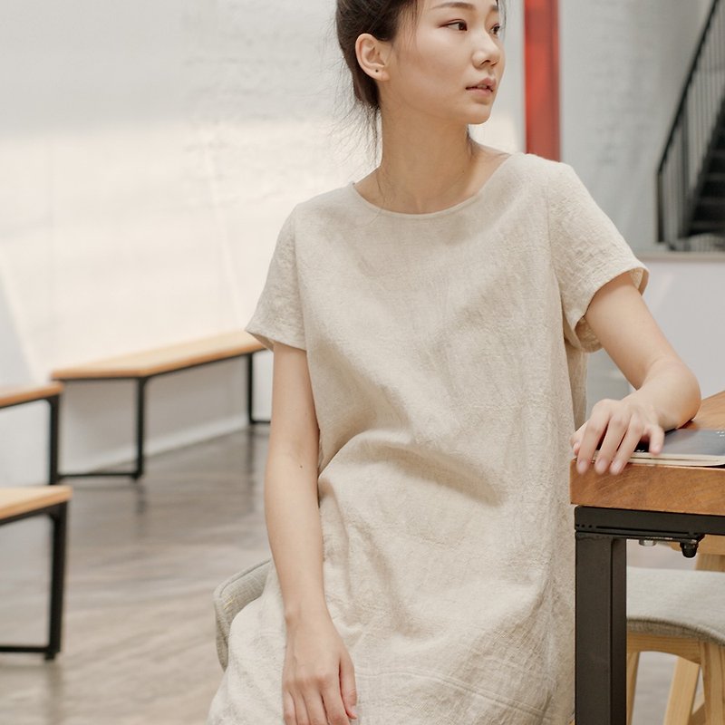 BUFU jacquard weave linen dress  D180112 - One Piece Dresses - Cotton & Hemp Khaki