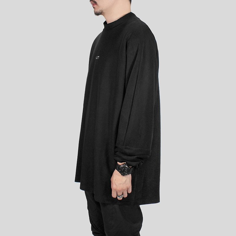 [ionism] micro high collar drawstring long T black - เสื้อยืดผู้ชาย - ผ้าฝ้าย/ผ้าลินิน สีดำ