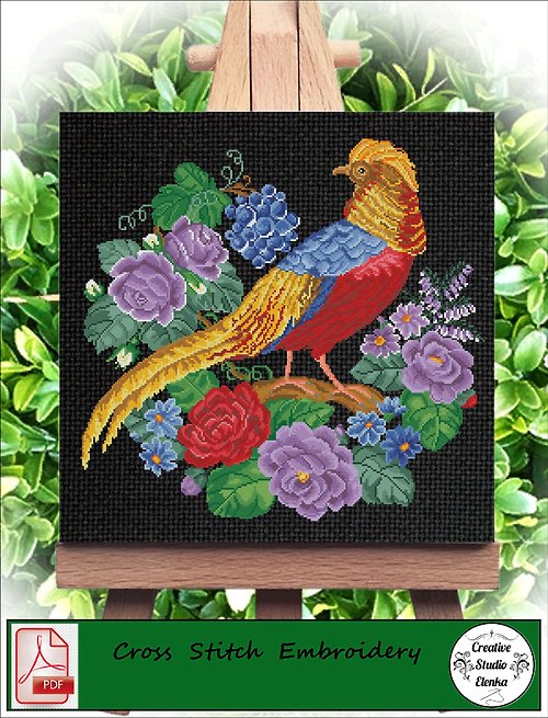 CreativeStudioElenka Vintage Cross Stitch Scheme Pheasant and flowers 3 - PDF Embroidery Scheme