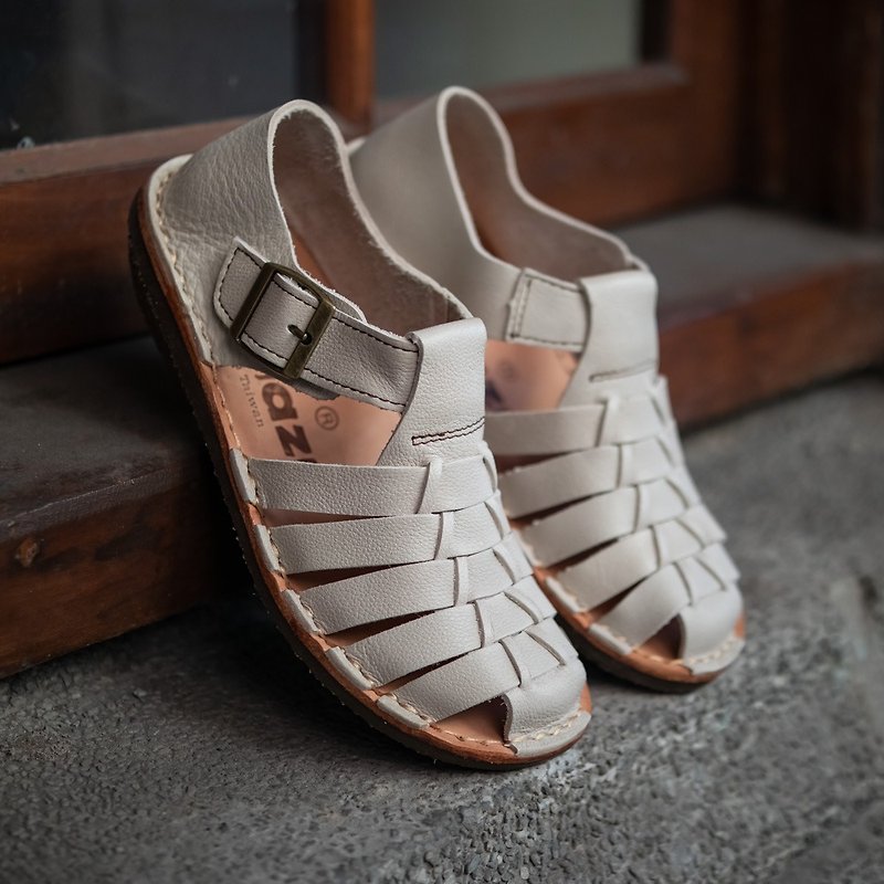 Vegetable tanned leather shoes woven Mary Jane_falling cow grain rice - Women's Leather Shoes - Genuine Leather White