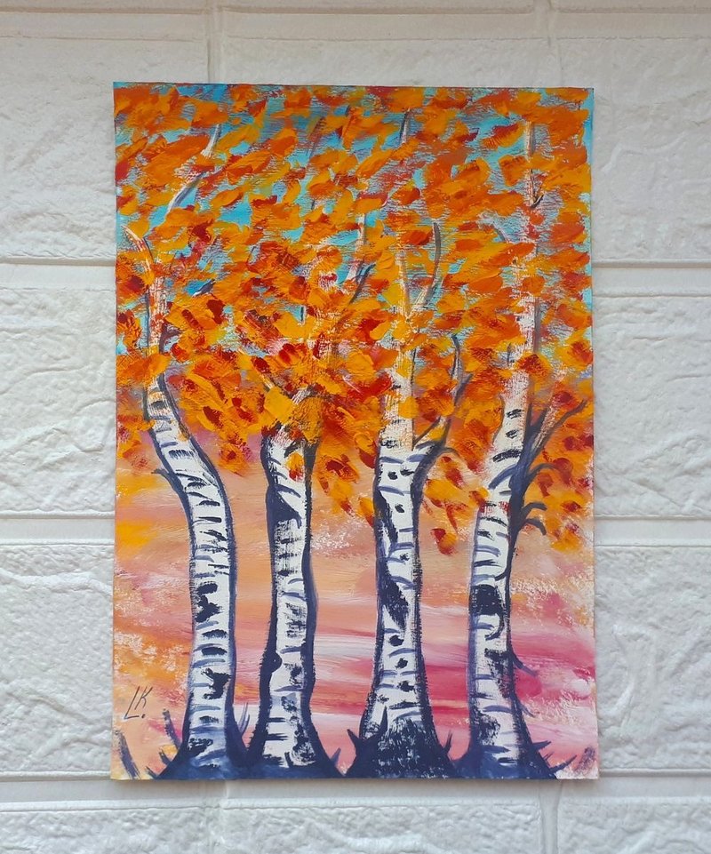 Golden Autumn Birches  Painting, Art, Artwork, Gouache Drawing, Landscape Art - 壁貼/牆壁裝飾 - 紙 多色