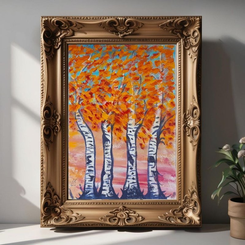 Golden Autumn Birches  Painting, Art, Artwork, Gouache Drawing, Landscape Art - 壁貼/牆壁裝飾 - 紙 多色
