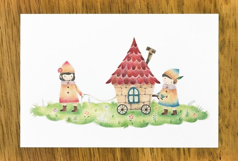 絵本のような。ポストカード "子供たちと小さな赤い家" (2枚セット) PC-44 - カード・はがき - 紙 レッド