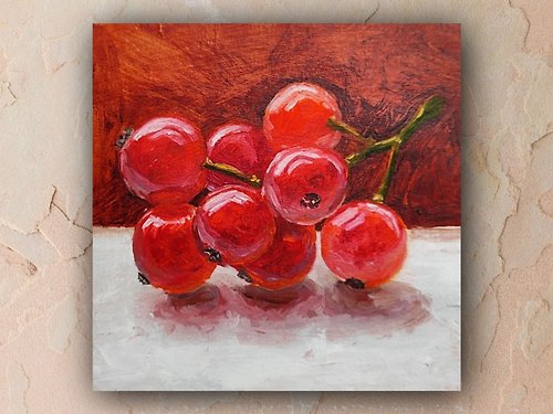 AlbinaBeadArt Red currant painting original oil art still life 15 by 15 cm