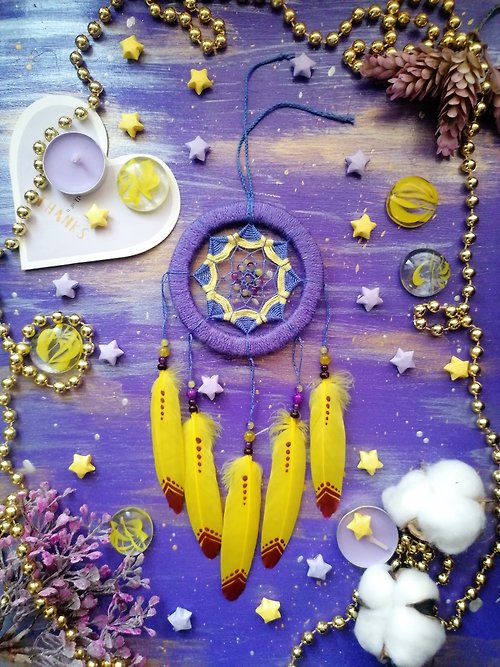 Purr Purple Dreams Purple-yellow Dreamcatcher Wall Hanging Shamanic amulet Bedroom boho decor