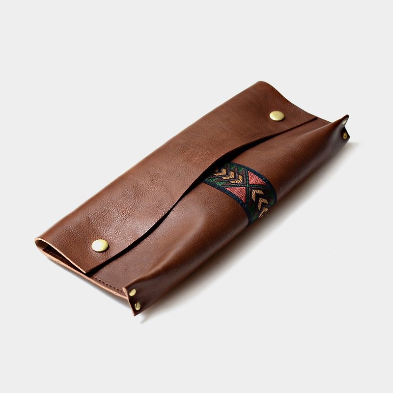 [Mayan stone stele carving knife] Italian vegetable tanned cowhide pencil case leather pencil case folk custom ethnic stationery custom lettering as a gift Father’s Day Father’s Day - Pencil Cases - Genuine Leather Brown