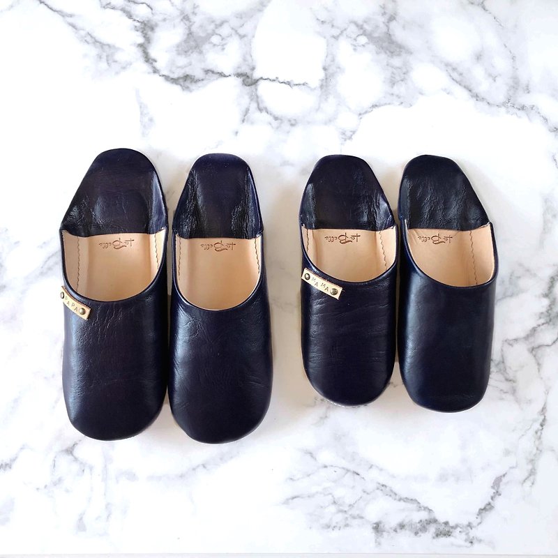 Beautiful simple babouche (slippers) Daddy and mama 2 pairs set Navy - Indoor Slippers - Genuine Leather Blue