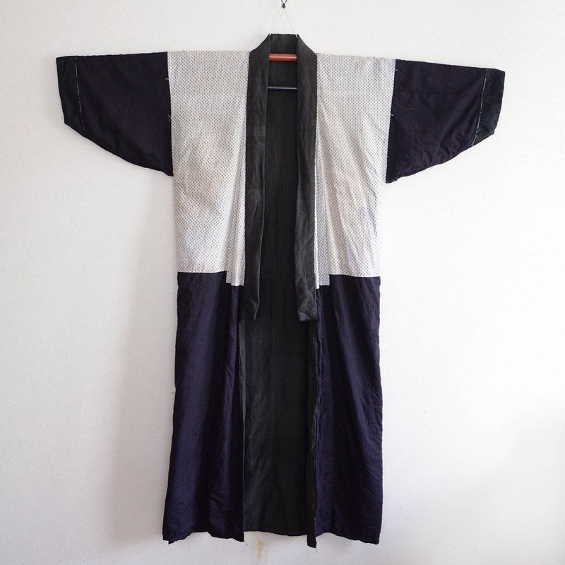 White Kasuri Fabric Crazy Patchwork Kimono Robe Long Japan Vintage Free Shipping - Men's Coats & Jackets - Cotton & Hemp 