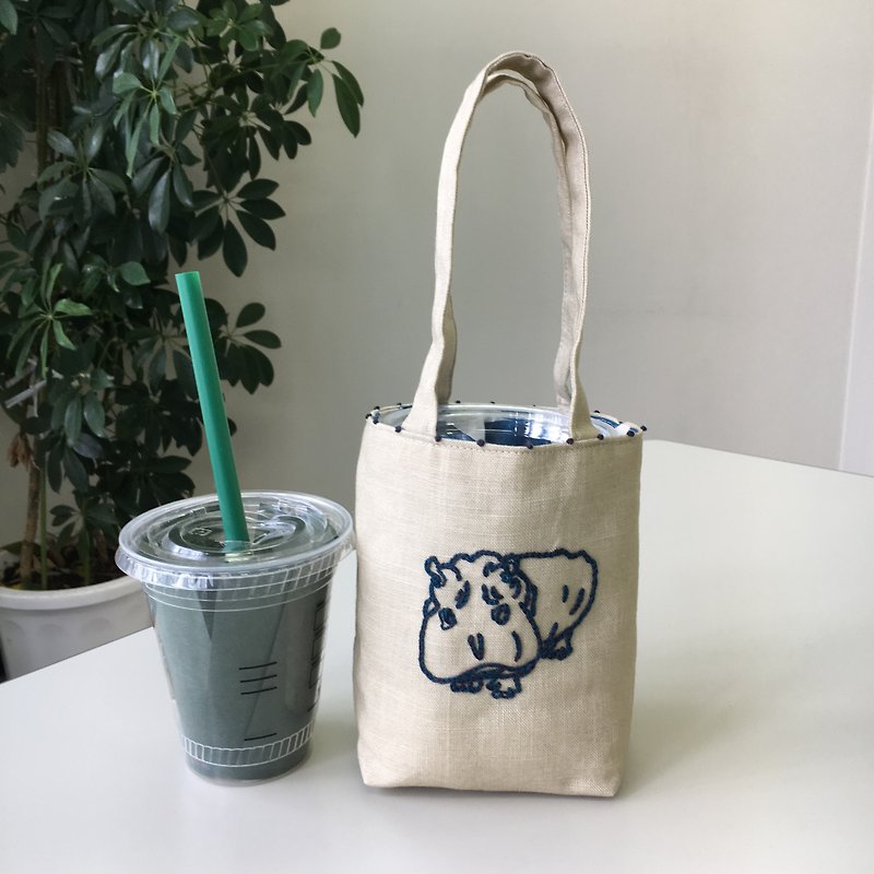 Cafe bag hippo mini tote - กระเป๋าถือ - ผ้าฝ้าย/ผ้าลินิน สีกากี