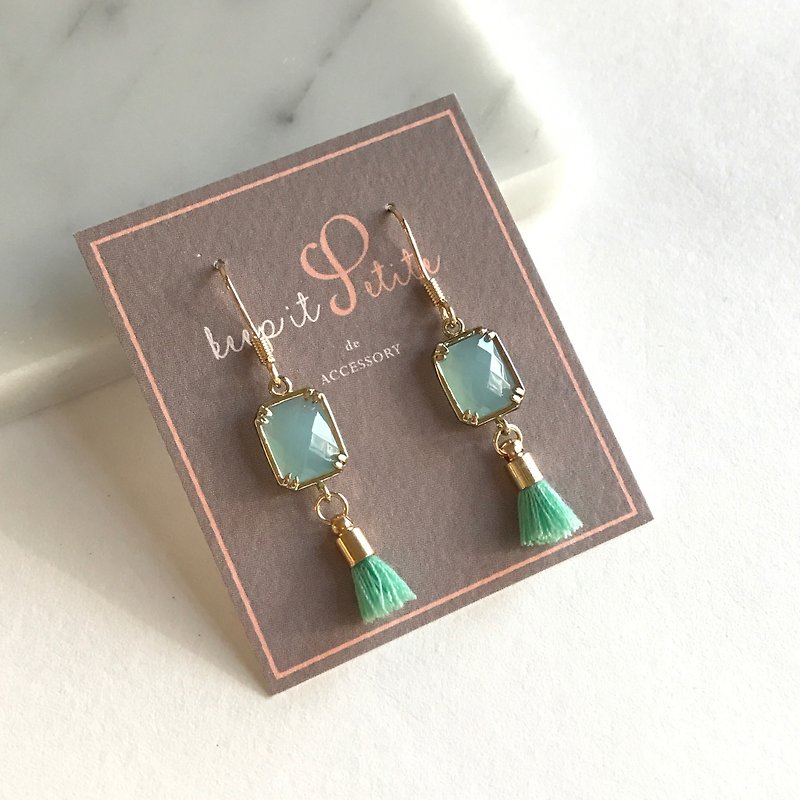 "KeepitPetite" gold-plated square square glass imitation gem · mint green tassel earrings · hanging ear hook / ear clip - Earrings & Clip-ons - Glass Green