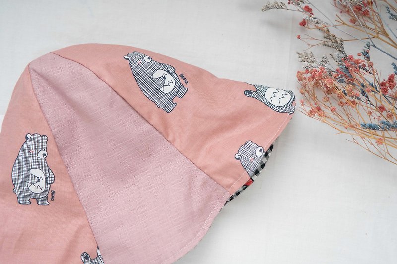 雙面漁夫帽 | 嬰兒 幼童 帽子 | 小花帽 | 格子愛心 - 嬰兒帽/髮帶 - 棉．麻 粉紅色