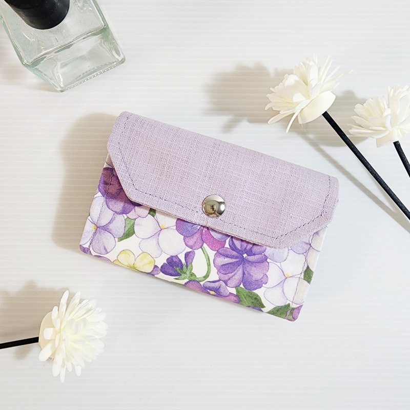 [Hydrangea-Purple] Three-layer bag short clip coin purse zipper bag card holder - กระเป๋าสตางค์ - ผ้าฝ้าย/ผ้าลินิน สีม่วง