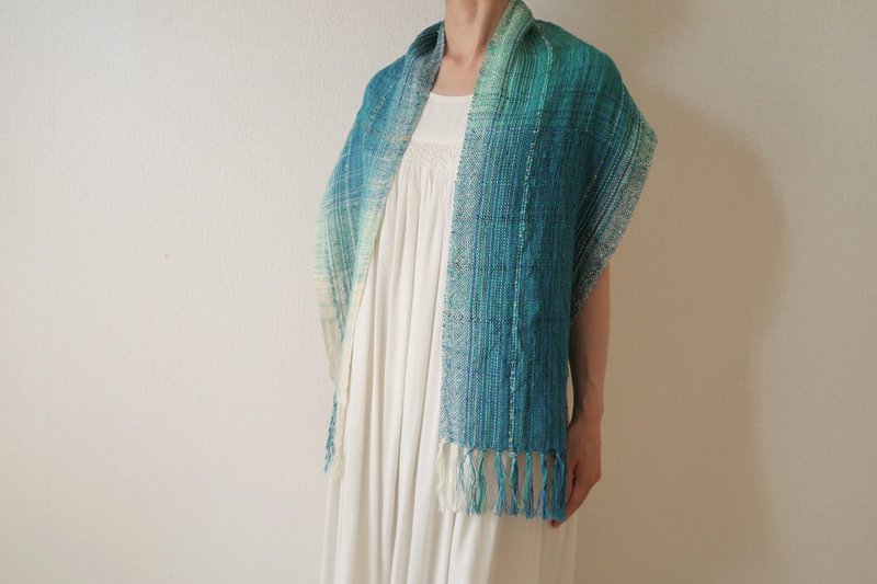 手織りストール　リネンコットン　湧水　タペストリー　ギフト　Shawl (S) 64　入學   畢業　母親節　禮物　生日禮物 - 絲巾 - 棉．麻 綠色