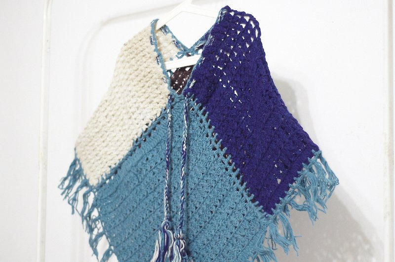 Christmas gift limited a knitted pure wool shawl / national wind cloak / Indian tassel shawl / bohemian cloak shawl / knitted cloak / hand scarf - turkish blue + coffee hit color box - ผ้าพันคอ - ขนแกะ หลากหลายสี