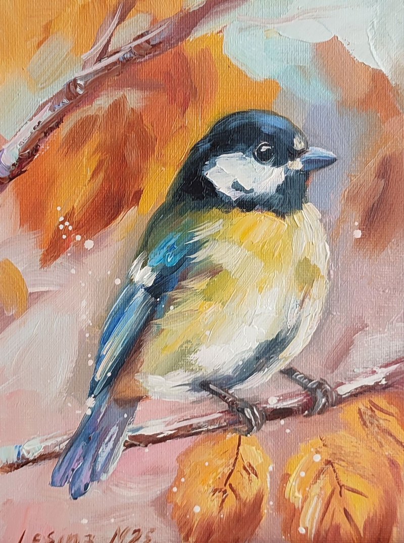 Tit Oil Painting Bird Small Art Bird Titmouse Artwork Bird Painting Bird Art - 壁貼/牆壁裝飾 - 其他材質 黃色