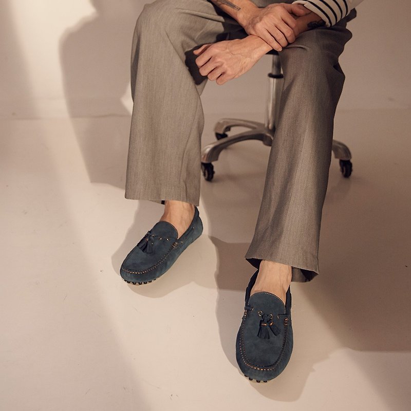 Vanger 造型流蘇樂福鞋 - Va266麂皮土耳其藍 - 男款休閒鞋 - 真皮 藍色