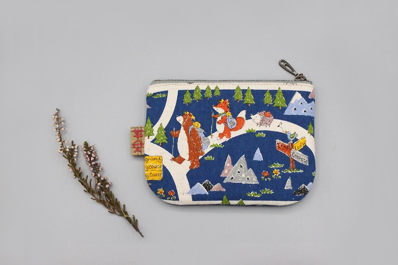 平安小樂包-熊與狸與小刺蝟的旅行 ,雙面雙色小錢包 - 零錢包/小錢包 - 棉．麻 藍色