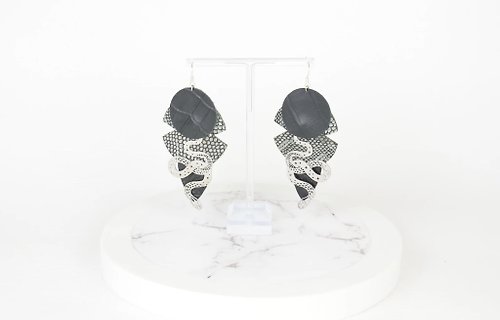 Elle Santos Statement Snake Earrings in Black & Silver Salvaged Recycled Leather