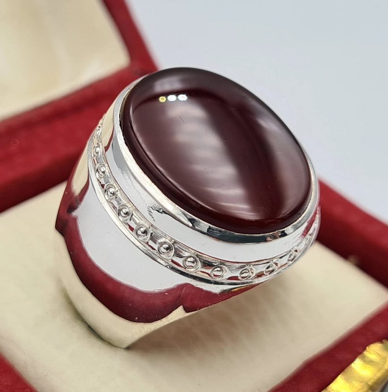 Yemeni Aqeeq Ring Beautiful Blood Red Yamni Yemen Yamani Akik Agate Bageu Mens - 戒指 - 寶石 紅色