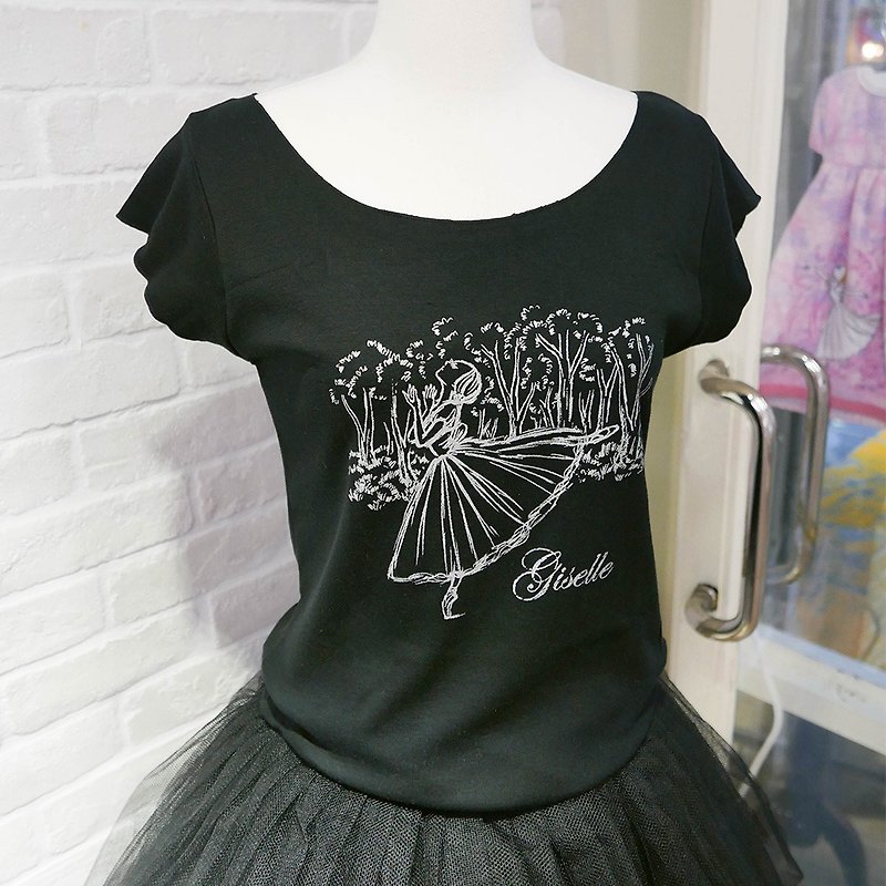 Yizhike Ballet | Giselle Ballet Round T-Shirt Fit Cotton T-Shirt (Black) - เสื้อยืดผู้หญิง - ผ้าฝ้าย/ผ้าลินิน สีดำ