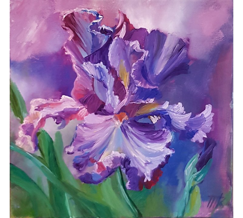 Iris flowers oil Painting Original Art Floral Canvas Painting Flower Artwork - โปสเตอร์ - วัสดุอื่นๆ สีม่วง