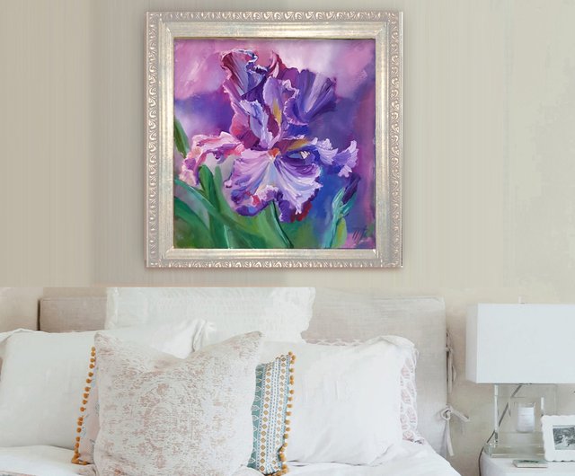 アイリスの花の油絵オリジナルアート花のキャンバス絵画花の