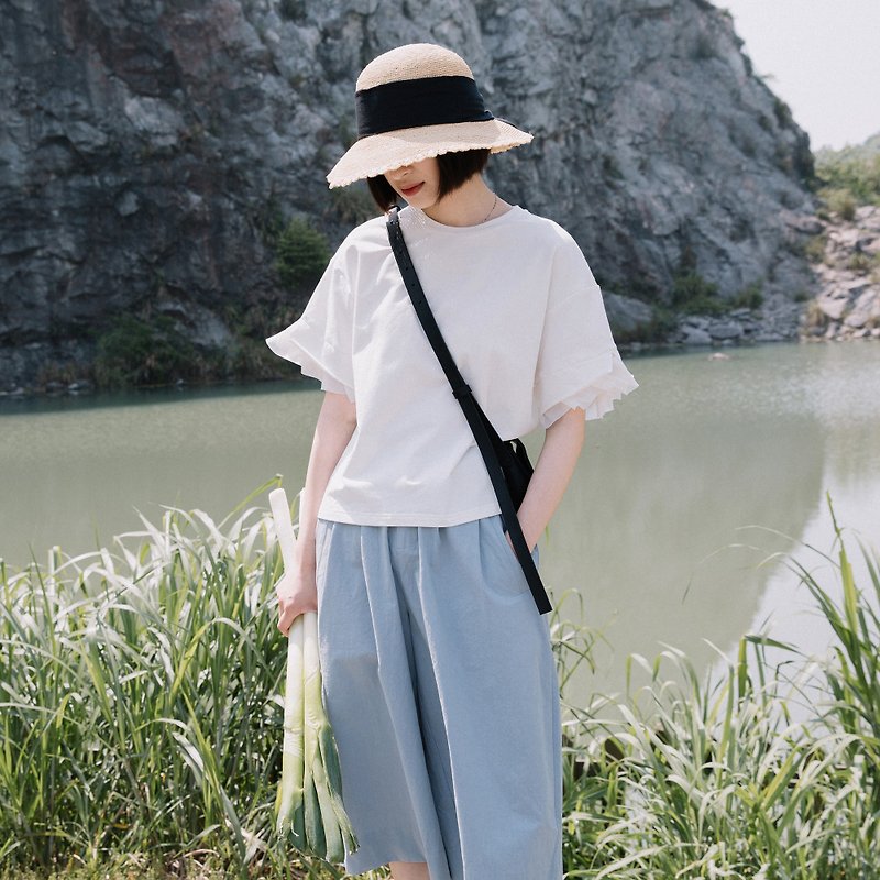 Japanese minimalist lotus leaf sleeve T-shirt | T-shirt | summer | cotton | Sora-294 - Women's Shirts - Cotton & Hemp White