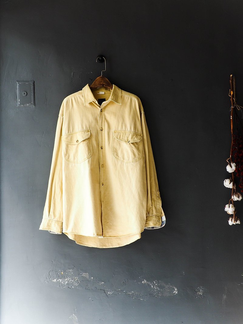 River Hill - gap light yellow shallow spring Sentimental girl tannins antique vintage shirt Jacket neutral shirt oversize vintage - เสื้อเชิ้ตผู้ชาย - ผ้าฝ้าย/ผ้าลินิน สีเหลือง