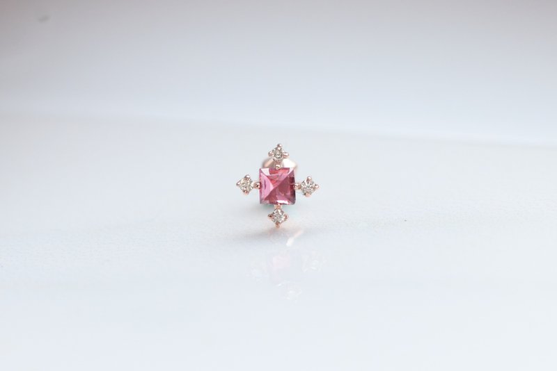 14K 方形碧璽鑽石鎖珠耳環 (單個)耳骨 耳窩 不退色 - 耳環/耳夾/耳骨夾 - 貴金屬 金色