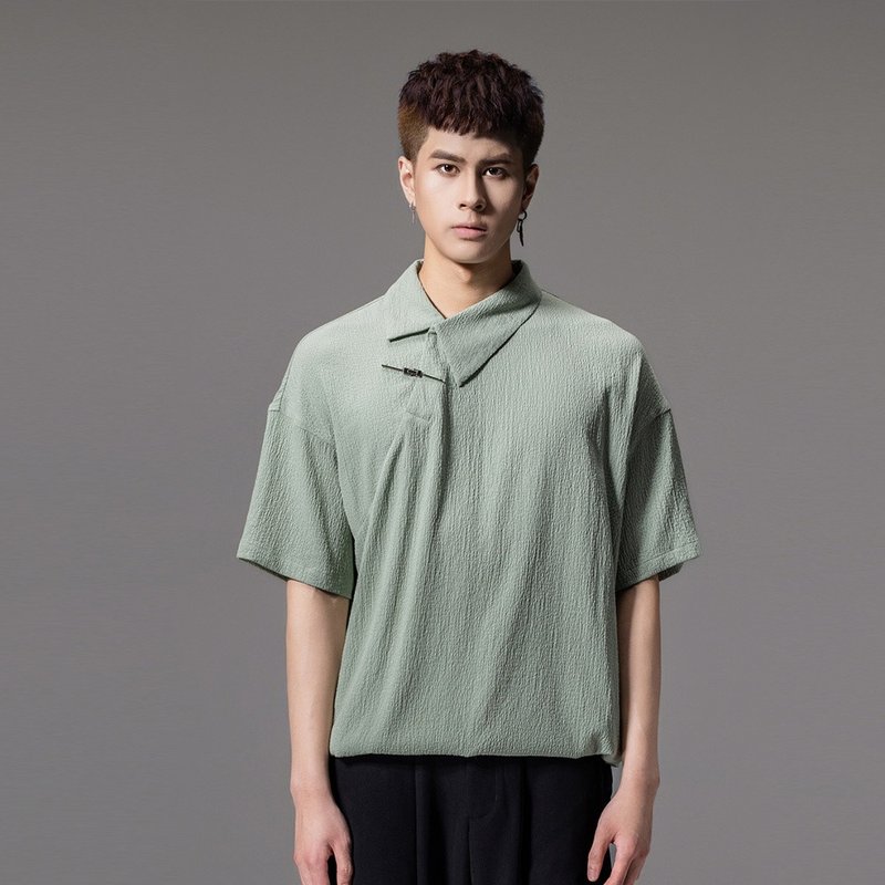 Summer solid color top diagonal door front short sleeve POLO shirt men's casual - เสื้อยืดผู้ชาย - เส้นใยสังเคราะห์ สีเขียว