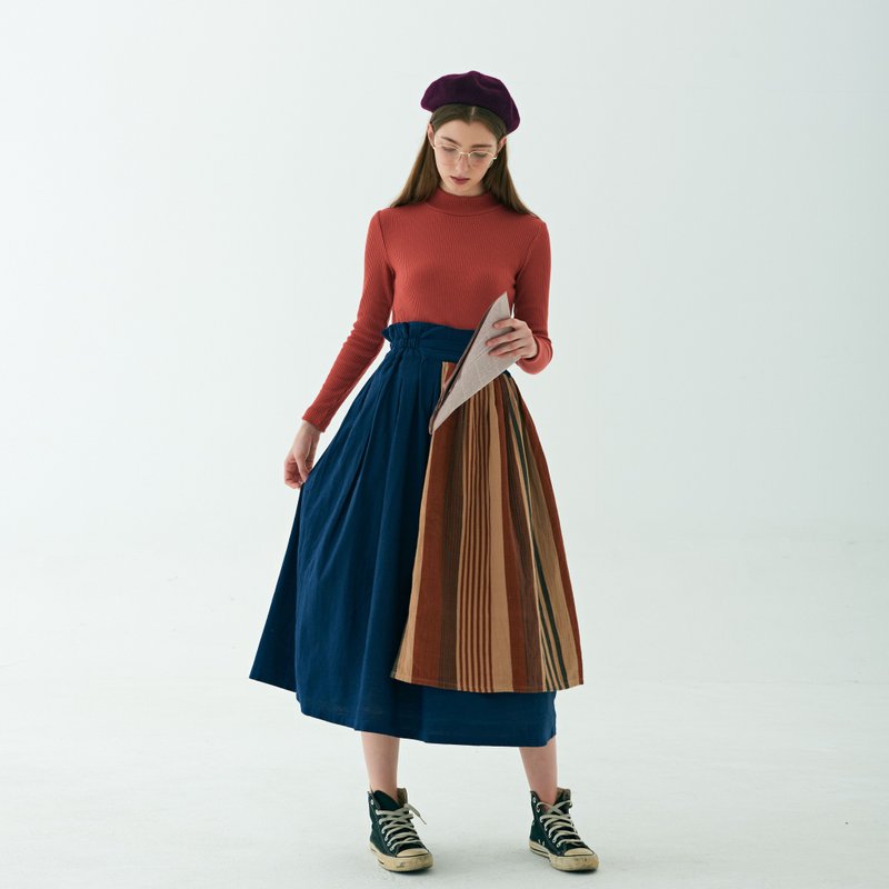 BLUE AND BROWN STITCHING SOFT SKIRT - กระโปรง - ผ้าฝ้าย/ผ้าลินิน สีน้ำเงิน