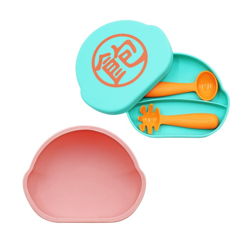 FARANDOLE Silicone Suction Cup Bowl (Pink) + Silicone Box (Teal-Full) + Learning Tableware Set (Orange) - จานเด็ก - ซิลิคอน หลากหลายสี