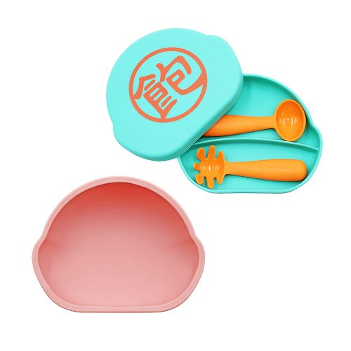 bébéhome 居家生活用品：安心,樂趣,簡單,溫馨 FARANDOLE矽膠吸盤碗(粉色)+矽膠盒(藍綠-飽)+學習餐具組(橘)