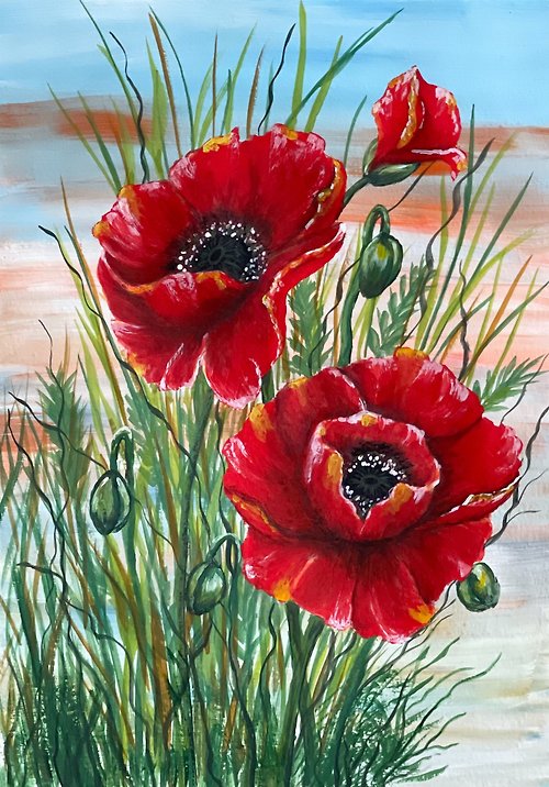 vernissage-VG-galery Scarlet poppies in the green grass. Painting Gouache.