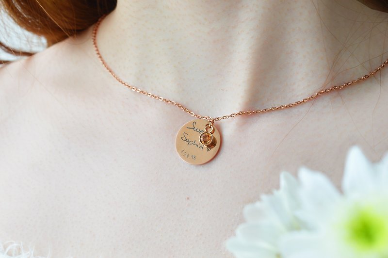 Handwriting Engraving Necklace with Birthstone, Custom Gold Round Disc Necklace - 項鍊 - 不鏽鋼 金色