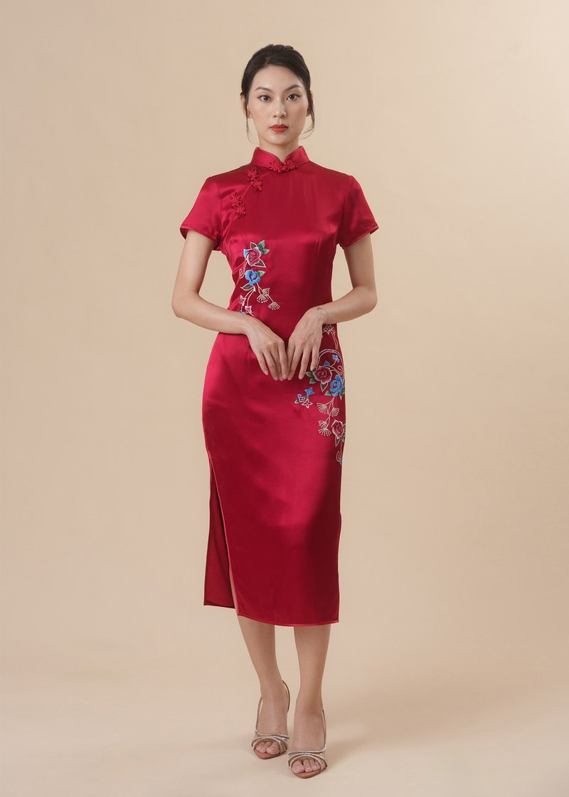 Short Sleeves Satin Qipao - Qipao - Polyester Red