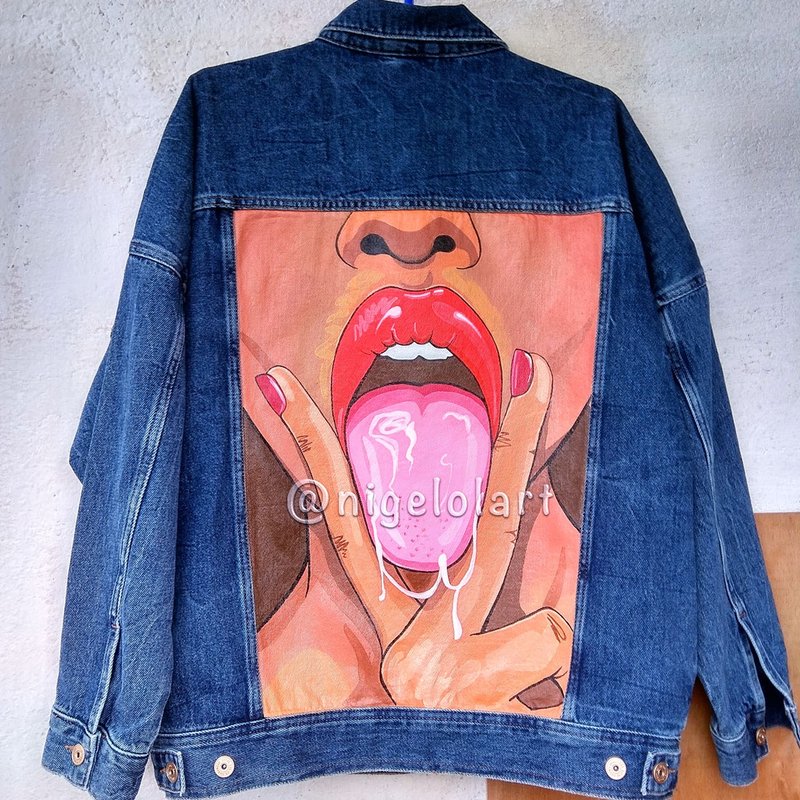 Sexy drawing Erotic Painted Denim Jacket Custom personalized order gift idea - 女大衣/外套 - 棉．麻 