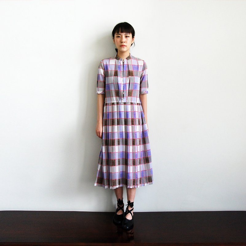 Pumpkin Vintage. Ancient color grid pleated dress - One Piece Dresses - Other Materials 