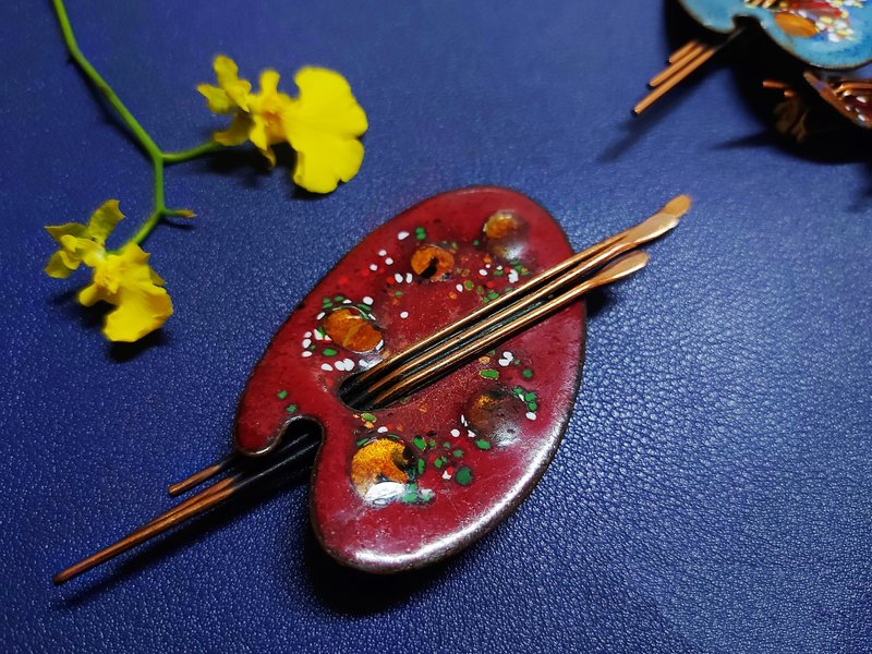 現貨在台-Matisse紅銅琺瑯紅色調色盤胸針【美國老件時尚珠寶】 - 胸針 - 琺瑯 紅色
