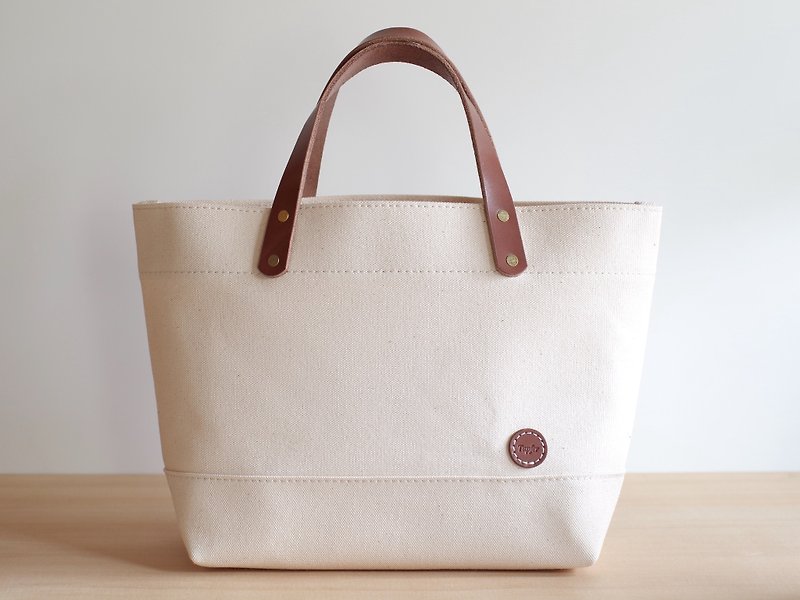 Leather handbag canvas tote bag - กระเป๋าถือ - ผ้าฝ้าย/ผ้าลินิน ขาว