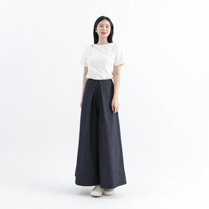 【經典原創】Misplaced_錯置大褶子寬褲_CLB002_單寧 - 女長褲 - 聚酯纖維 藍色