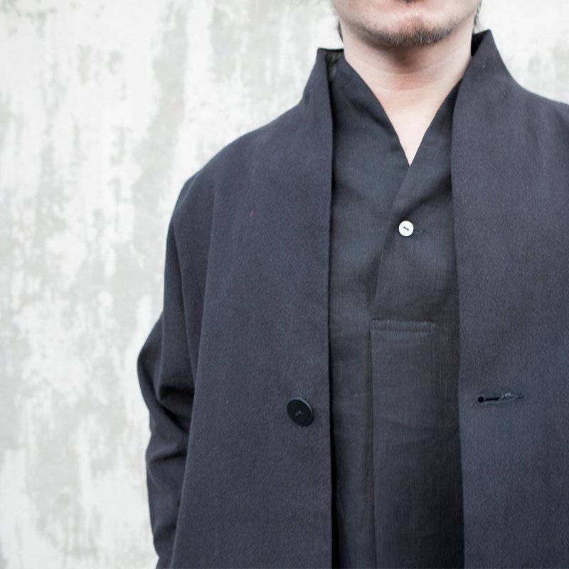 ginkgo collar coat - ramie cotton fabric, coat, color: black-gray green - Men's Coats & Jackets - Cotton & Hemp Black