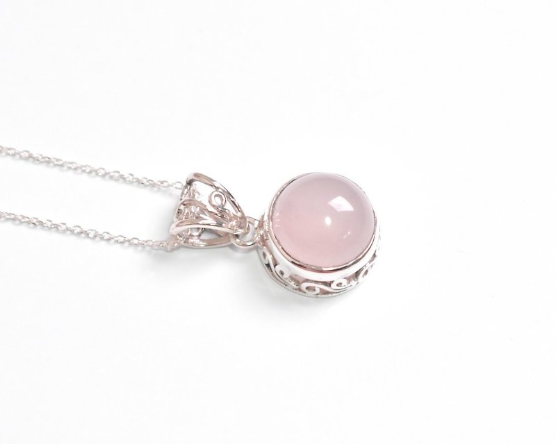 Transparent pink round rose quartz pendant top with Silver925 Silver chain - Necklaces - Stone Pink