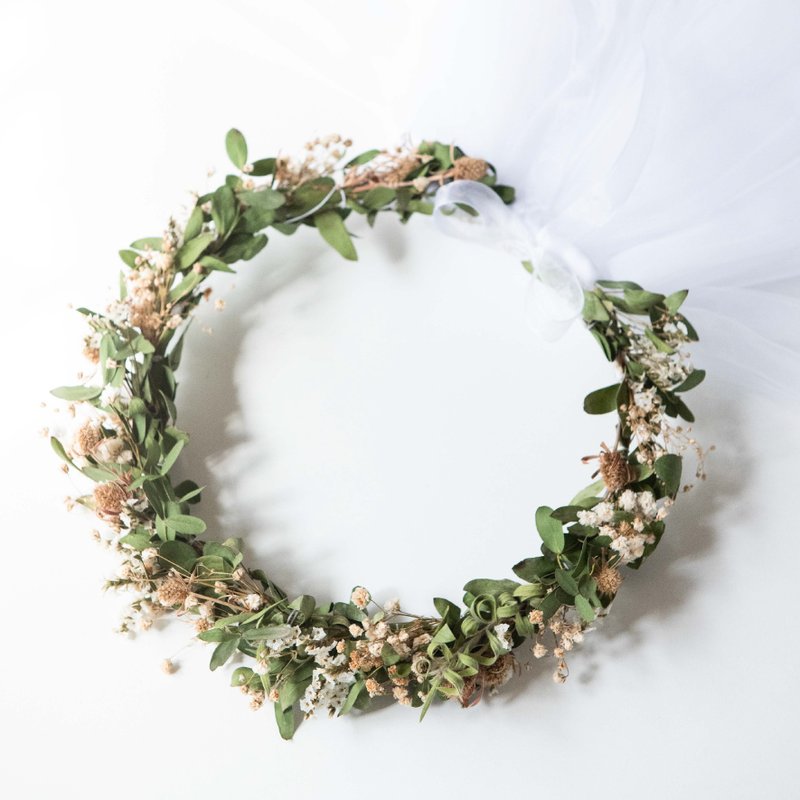 Eucalyptus Flower Crown With Wedding Veils + Brooch - 髮夾/髮圈 - 植物．花 綠色