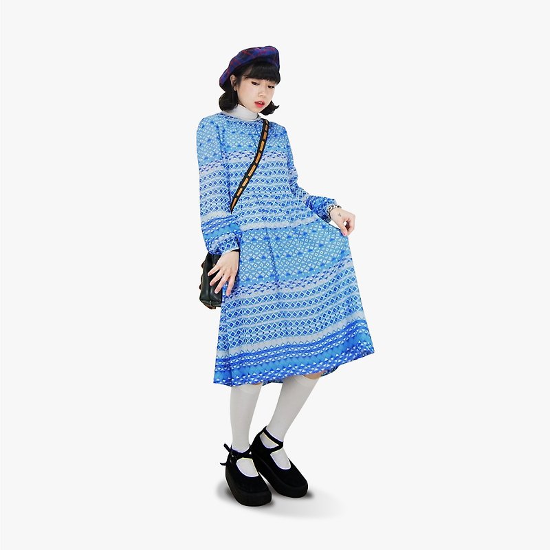 A‧PRANK :DOLLY :: 復古著VINTAGE水藍色幾何圖紋古著洋裝(D711064) - 洋裝/連身裙 - 棉．麻 藍色