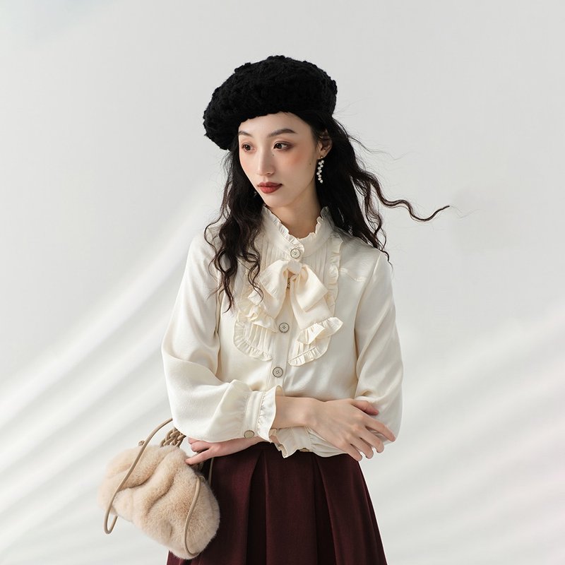 Autumn new French retro apricot bow tie detachable palace style high-end ruffled long-sleeved stand-up collar shirt - เสื้อเชิ้ตผู้หญิง - วัสดุอื่นๆ 